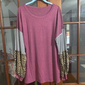 Maroon, Cheetah and Striped Bubble Sleeve Top